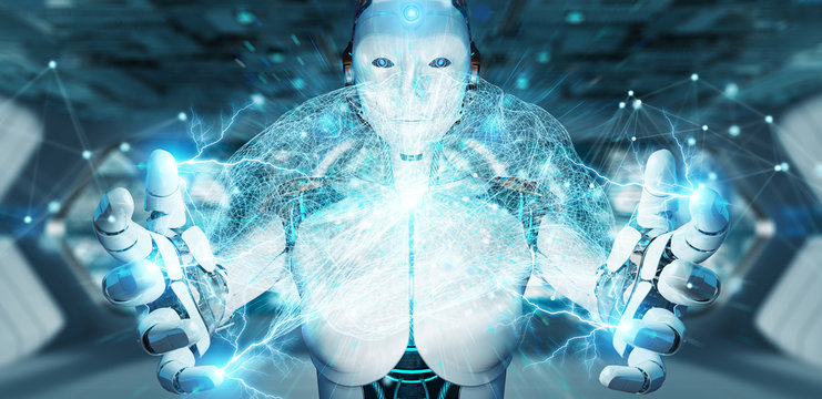 White woman humanoid creating artificial intelligence 3D rendering