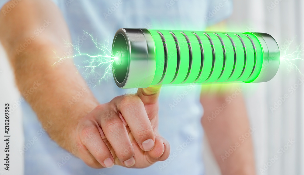 Poster businessman using green battery with lightnings 3d rendering