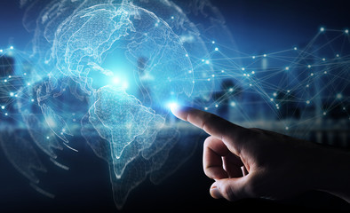 Businessman using USA world map interface 3D rendering