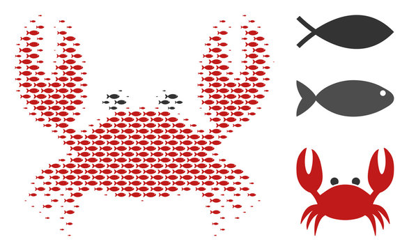 Fish crab halftone composition. Vector fish pictograms are grouped into crab composition. Seafood design concept.