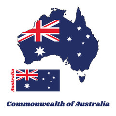Map outline and flag of Australia in blue red and white color with white star and Union Jack, name text of Commonwealth of Australia.
