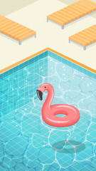 Water surface with ripples and flamingo swimming circle.