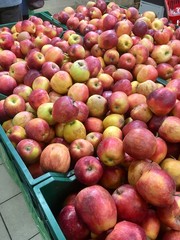 Fresh apples on the shelves of the market