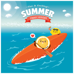 Vintage Summer poster with lemon character, boat.