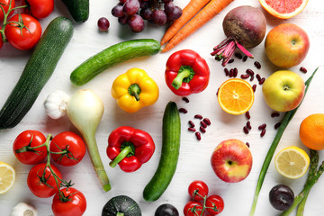 Various healthy products on wooden background