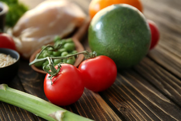 Fresh vegetables on wooden table