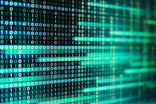 power of big data. binary code information bit on computer monitor screen display. green light text number one and zero. blur defocus blue bokeh light. technology graphic design background concepts