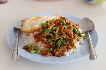 Kao-Pad-Kra-Prao, spicy food, chili food, or Thai rice with pork and basil, Thailand street food