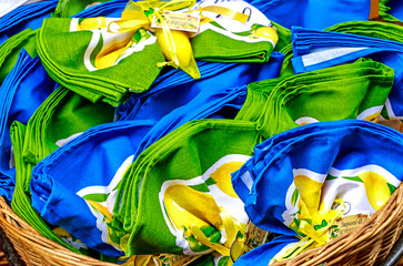 Obraz na płótnie Canvas Colorful kitchen towels and soaps – sea and lemons related Amalfi coast souvenirs, Italy