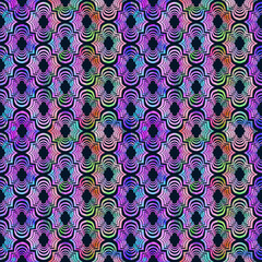 Bright curly eastern geometrical shape abstract grunge colorful splashes texture, watercolor seamless pattern design in blue purple color palette