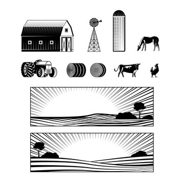 Farming and countryside set with farmland landscapes and various rural stuff and animals monochrome silhouette isolated on white background - vector illustration of agricultural equipment.
