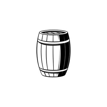 Wooden barrel with metal hoops for storage of liquids or bulk materials isolated on white background. Farming and wine-making container black and white silhouette in vector illustration.