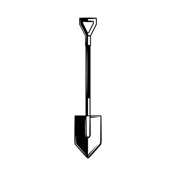Hand shovel monochrome silhouette - industrial and farming tool for digging, lifting and moving bulk materials isolated on white background. Agricultural equipment in vector illustration.