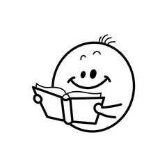 Cute male smiley face or emoticon in sketch style smiling holding textbook. Funny emoji going to school, college or kindergarten. Monochrome black and white vector illustration