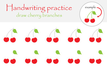 Draw cherry branches, handwriting practice sheet for children, kids preschool activity, educational children game, printable worksheet, writing training, vector illustration