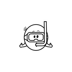 Smiley emoticon in scuba mask during summer vacation isolated on white background - cute smiling happy emoji ball with diving equipment in line vector illustration.