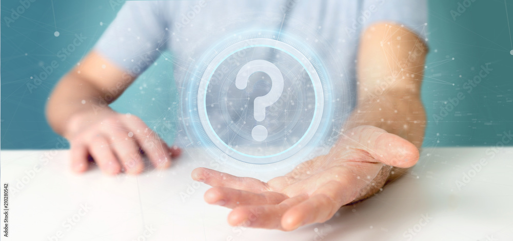 Poster man holding a technology question mark icon on a circle 3d rendering