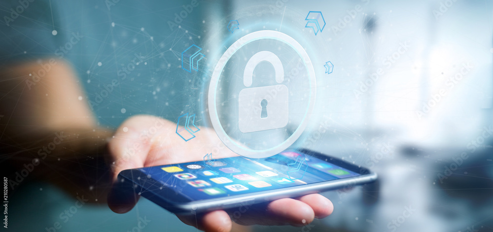 Poster man holding a padlock web security concept 3d rendering