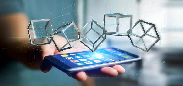 Man holding a 3d rendering blockchain cube isolated on a background