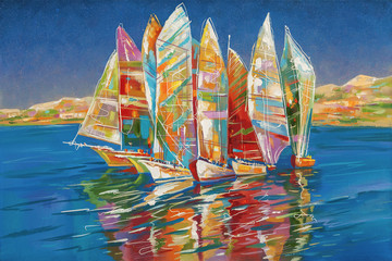 An oil painting on canvas. Autumn regatta. Author: Nikolay Sivenkov.