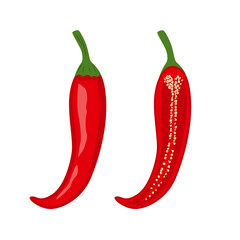 Colorful whole and half  red hot chili peppers vegetable vector 