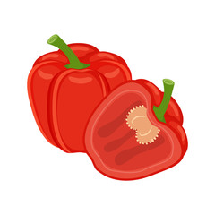 Colorful whole and half  red bell pepper vegetable vector illust