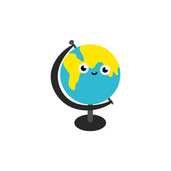 Cute globe sphere cartoon character isolated on white background - funny geographical layout of earth personage with smiling face for back to school concept in flat vector illustration.