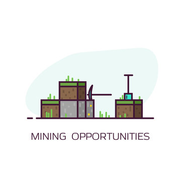 Mining concept banner. Blocks of dirt with grass and stone block with gold. Diamond pickaxe and shovel. Line style flat vector illustration. Game style mining banner.