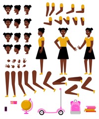 Student girl creation kit with school supplies and various body parts, face emotions and hand gestures - isolated flat vector illustration of teen african female character of school age.