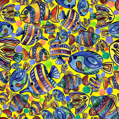 Aquarium, river, lake, merry, rainbow, colorful fish in the water. Watercolor. Illustration