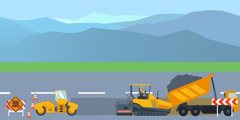 Road construction and road repair banner. Asphalt compactor road under construction repair road signs. Vector illustration