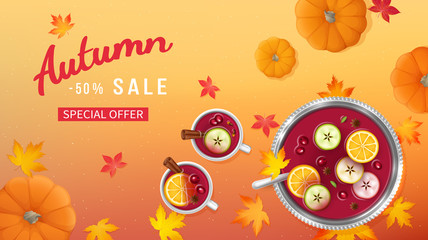 Autumn sale horizontal banner with punch in a bowl and cups, slices of oranges, apples, spices, pumpkins, leaves on a table. Discount, sale in autumn. Special seasonal offer background. Vector