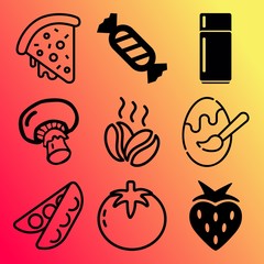 Vector icon set  about food with 9 icons related to kitchen, greeting, pink, scales and mocha