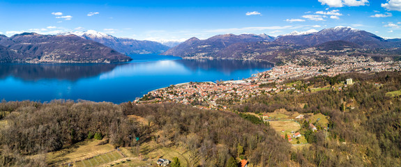Fototapeta na wymiar Aerial Panoramic View of lake Maggiore with Swiss mountains, Italy
