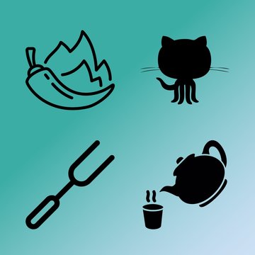 Vector icon set  about kitchen with 4 icons related to steel, heat, cutlery, details and freshness