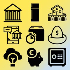 Vector icon set  about business with 9 icons related to safety, protection, banking, packing and shine