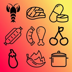 Vector icon set  about food with 9 icons related to saucepan, vector, macro, domestic and pepperoni