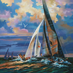 Sailing regatta at sunset. Oil painting on canvas. Author: Nikolay Sivenkov. - obrazy, fototapety, plakaty