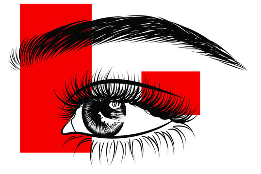 Modern illustration of a creative geometric eye makeup with red square shapes. Hand-draw sktch style drawing of luxe natural eyebrow and long eyelashes. Idea for business visit card, typography vector