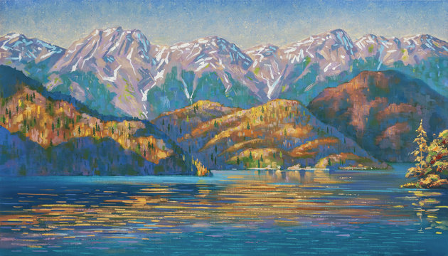 Autumn evening at Lake Ritsa. Oil painting on canvas. Author: Nikolay Sivenkov.