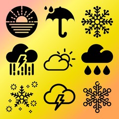 Vector icon set  about weather with 9 icons related to flat, yellow, bolt, glare and sunrise