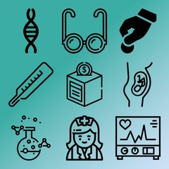 Vector icon set  about medicine with 9 icons related to thermometer, heart, men, diagnosis and health