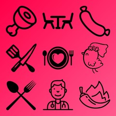 Vector icon set  about kitchen with 9 icons related to home, meat, steel, butchery and paprika