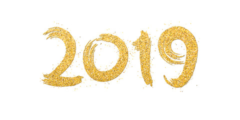 Happy new year 2019. Numbers of golden glitters on a white background. Gold sand, glitters. Hand drawn. Gold calligraphy. Brush in grunge style. Vector illustration