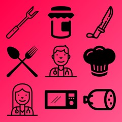 Vector icon set  about kitchen with 9 icons related to uniform, tasty, oatmeal, cuisine and job