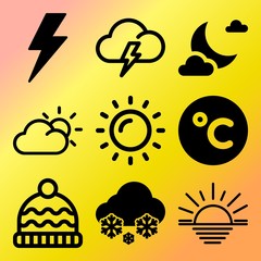 Vector icon set  about weather with 9 icons related to dawn, moon, universe, network and digital