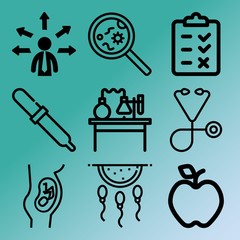 Vector icon set  about medicine with 9 icons related to fertility, people , office, food and discussion
