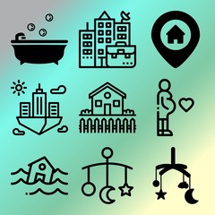 Vector icon set  about home with 9 icons related to shape, interior, soap, financial and bank