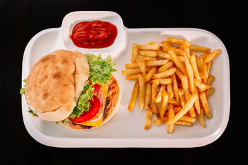 European international fusion cuisine, a beautiful dish on a white plate decorated with herbs and vegetables. a professional chef has prepared a delicious meal.