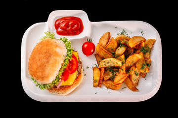 European international fusion cuisine, a beautiful dish on a white plate decorated with herbs and vegetables. a professional chef has prepared a delicious meal.